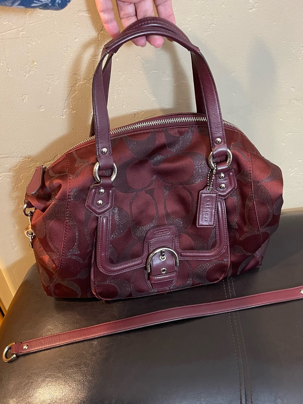 Coach metallic satchel shoulder burgundy Signature bag fall buckle detail